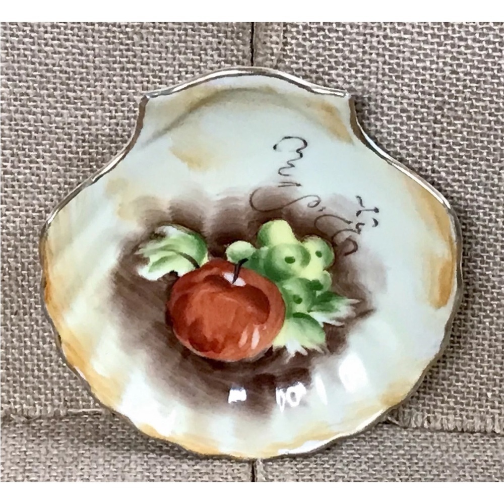 Vintage Shell Shaped Trinket Dish Hand Painted Fruit Mid Century Modern Coastal